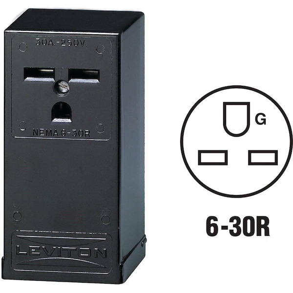 Straight Blade Receptacle, 6-30R, 30 A, 250V AC, 2 Pole, 3 Wire, Surface Mount, Grounded